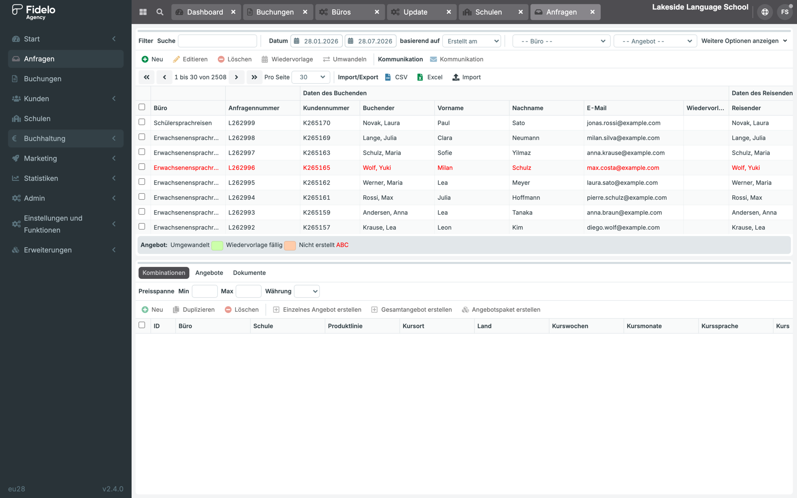 Fidelo Agency enquiry list with bookers, travellers and the quotation status of each enquiry