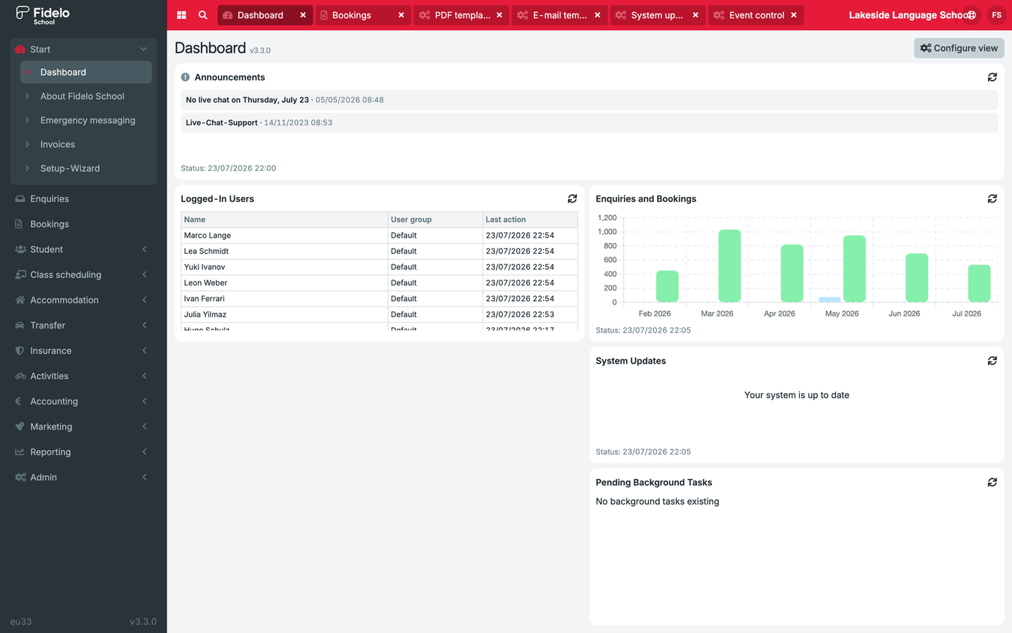 Fidelo School dashboard with announcements, license information, student statistics and an enquiries/bookings chart